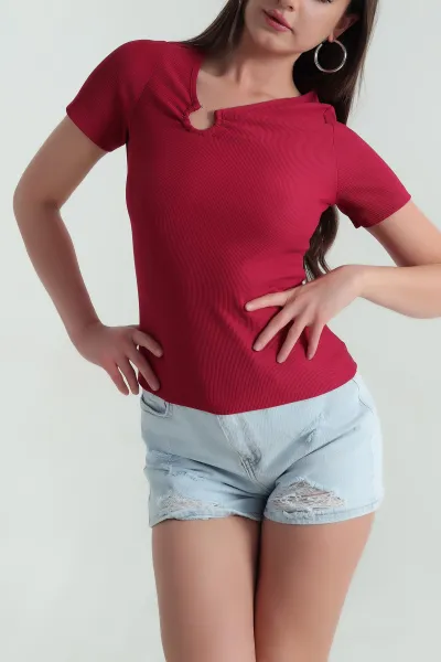 Bordo Yaka Detay Ottoman Likralı Kadın Bluz 360430