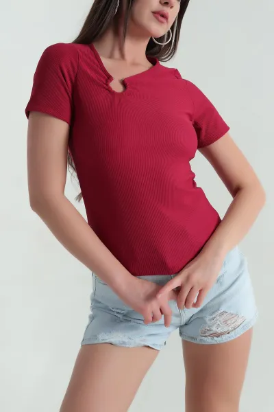 Bordo Yaka Detay Ottoman Likralı Kadın Bluz 360430