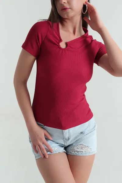 Bordo Yaka Detay Ottoman Likralı Kadın Bluz 360430