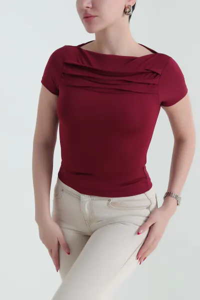 Bordo Yaka Detay Scuba Kadın Bluz 432223