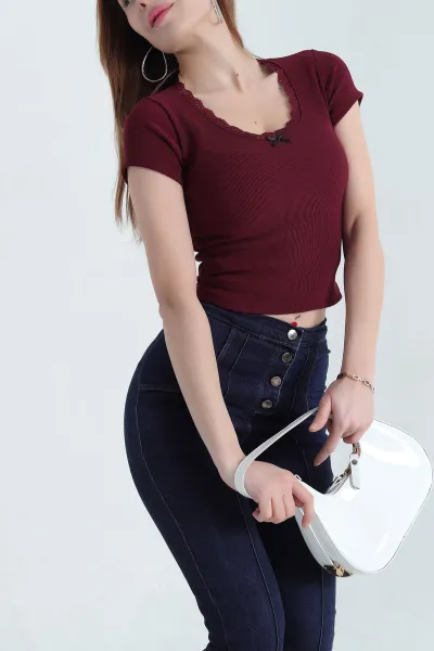 Bordo Yaka Güpürlü Ottoman Bluz 341342