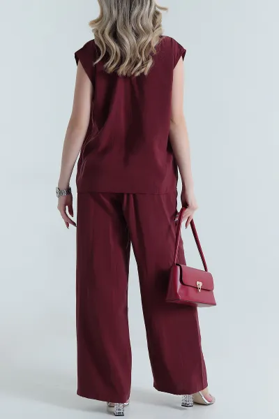 Bordo Yaka İncili Tencel Kadın İkili Takım 475221