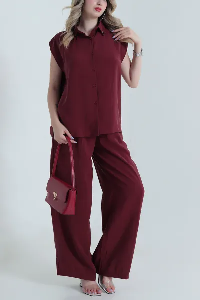 Bordo Yaka İncili Tencel Kadın İkili Takım 475221