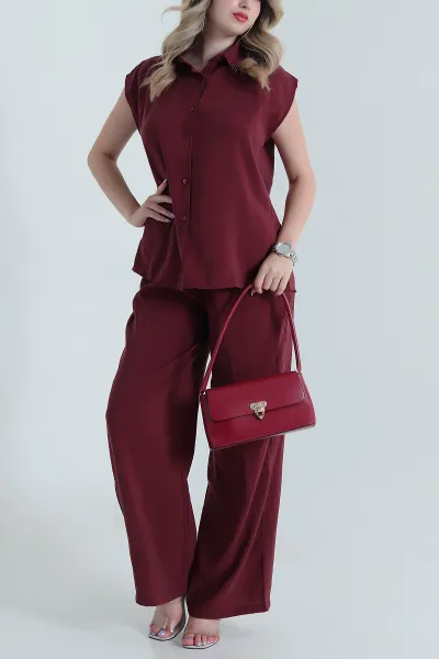 Bordo Yaka İncili Tencel Kadın İkili Takım 475221