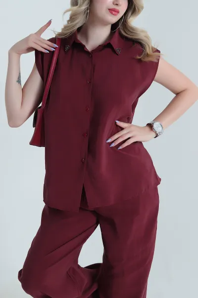 Bordo Yaka İncili Tencel Kadın İkili Takım 475221