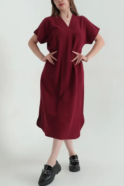 Bordo Yaka Katlama Detay Terni Kadın Elbise 364462