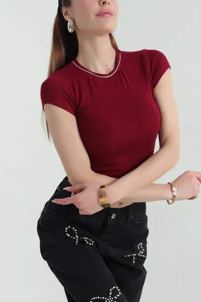 Bordo Yaka Taşlı Likralı Bluz 357030