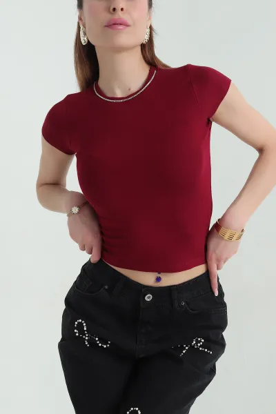 Bordo Yaka Taşlı Likralı Bluz 357030