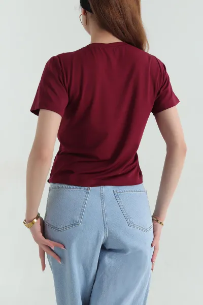 Bordo Yaka ve Kolları Taşlı Oysho Tişört 358452