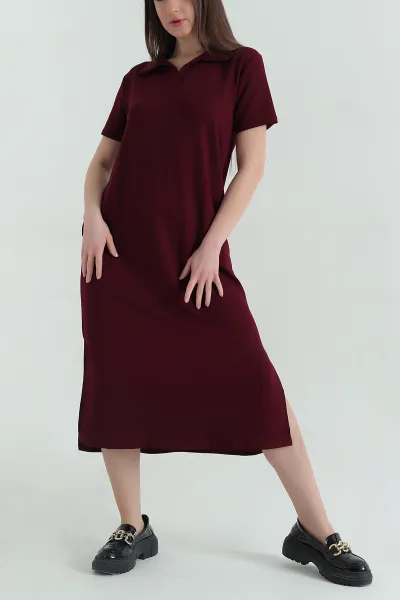 Bordo Yakalı Cepli Oysho Kumaş Elbise 358932