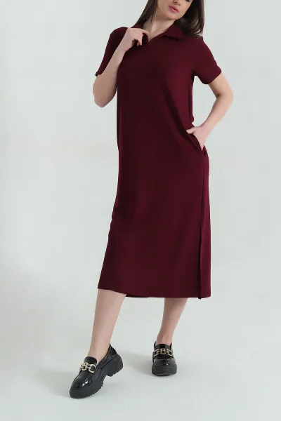 Bordo Yakalı Cepli Oysho Kumaş Elbise 358932