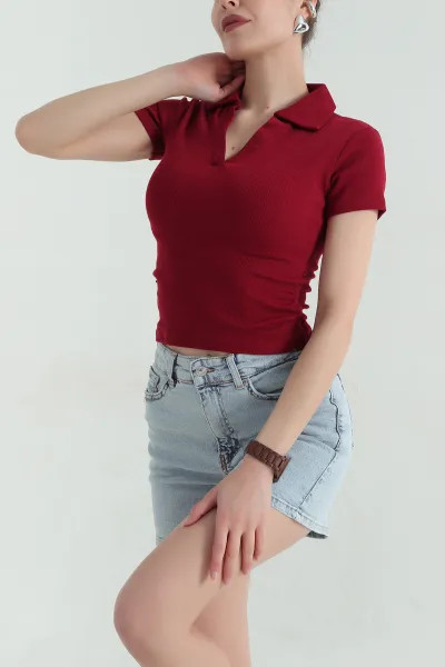 Bordo Yakalı Fitilli Bluz 360199
