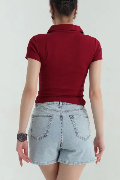 Bordo Yakalı Fitilli Bluz 360199