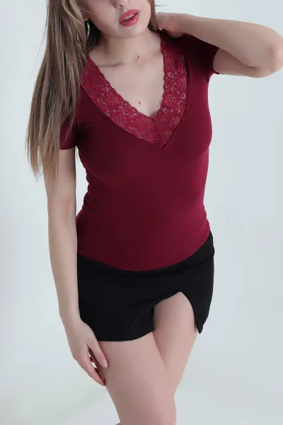 Bordo Yakası Dantelli Buzzy Kadın Bluz 442712