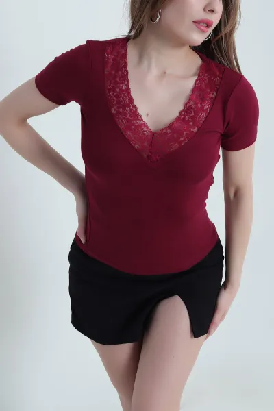 Bordo Yakası Dantelli Buzzy Kadın Bluz 442712