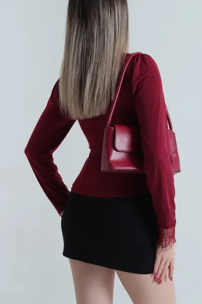 Bordo Yakası Dantelli Sandy Kadın Bluz 492984