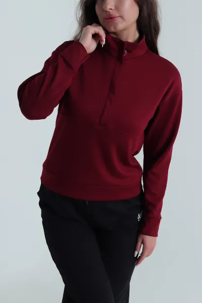 Bordo Yakası Fermuarlı Modal Kadın Sweat 488254