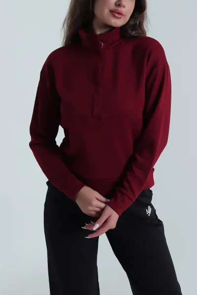 Bordo Yakası Fermuarlı Modal Kadın Sweat 488254