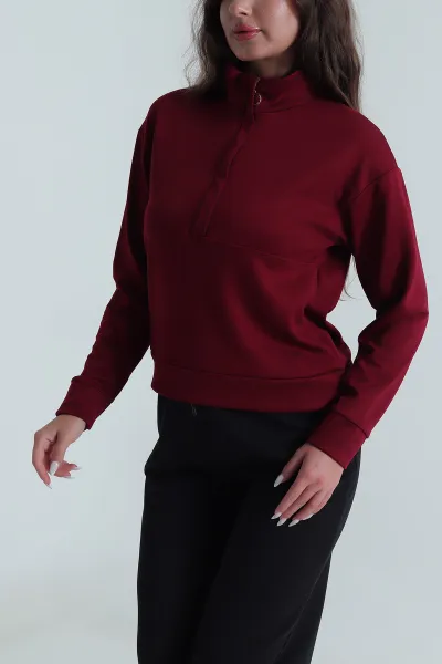 Bordo Yakası Fermuarlı Modal Kadın Sweat 488254