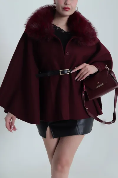 Bordo Yakası Kürklü Kemerli Kaşe Kadın Panço 485758