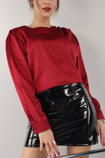 Bordo Yakası Pileli Saten Bluz 153355