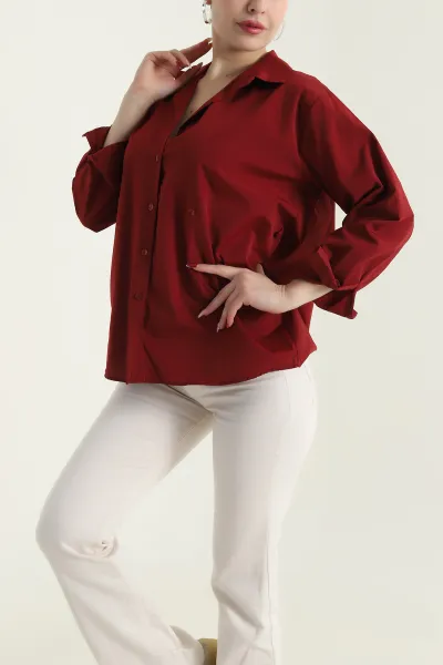 Bordo Yan Düğmeli Poplin Kadın Gömlek 428459