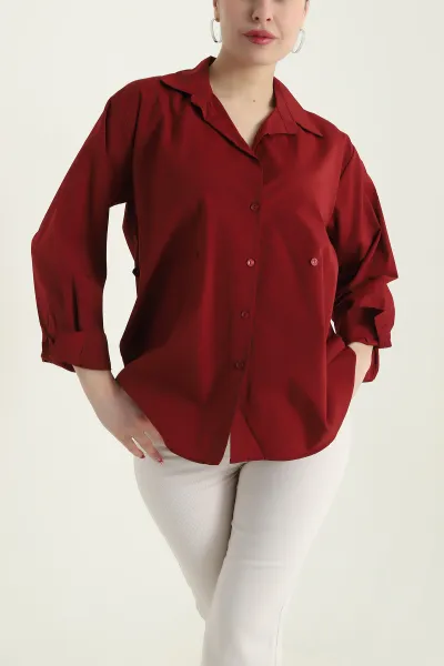Bordo Yan Düğmeli Poplin Kadın Gömlek 428459