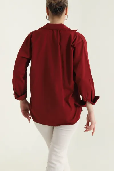 Bordo Yan Düğmeli Poplin Kadın Gömlek 428459