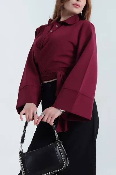Bordo Yandan Bağlamalı Bayan Poplin Gömlek 337792
