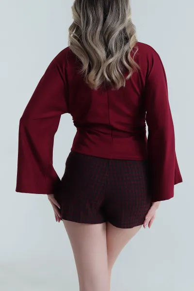 Bordo Yanı Büzgülü Modal Kadın Bluz 491259