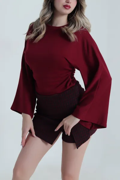 Bordo Yanı Büzgülü Modal Kadın Bluz 491259