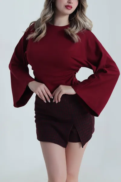 Bordo Yanı Büzgülü Modal Kadın Bluz 491259
