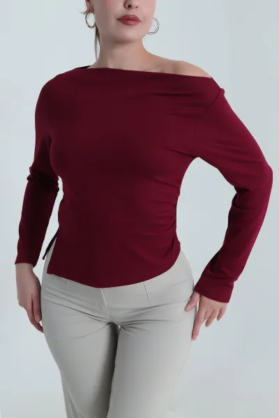 Bordo Yanı Büzgülü Modal Likralı Kadın Bluz 484450