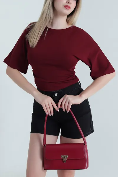 Bordo Yanı Büzgülü Oysho Kadın Tişört 469630