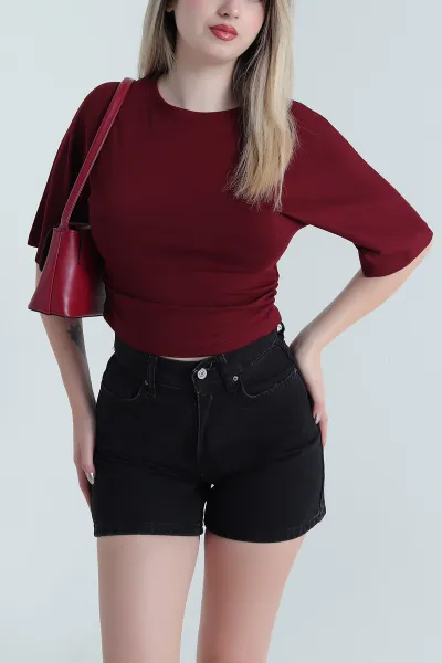Bordo Yanı Büzgülü Oysho Kadın Tişört 469630
