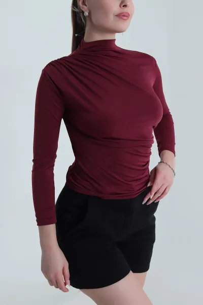 Bordo Yanı Büzgülü Sandy Kadın Bluz 491339