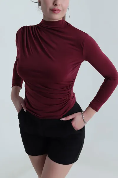 Bordo Yanı Büzgülü Sandy Kadın Bluz 491339