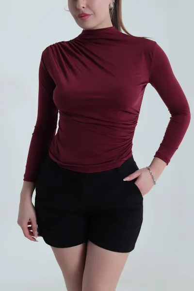 Bordo Yanı Büzgülü Sandy Kadın Bluz 491339