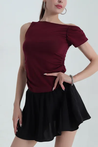 Bordo Yanı Büzgülü Tek Kollu Bluz 378718