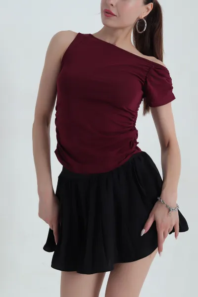 Bordo Yanı Büzgülü Tek Kollu Bluz 378718