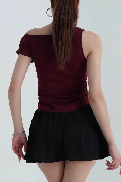 Bordo Yanı Büzgülü Tek Kollu Bluz 378718