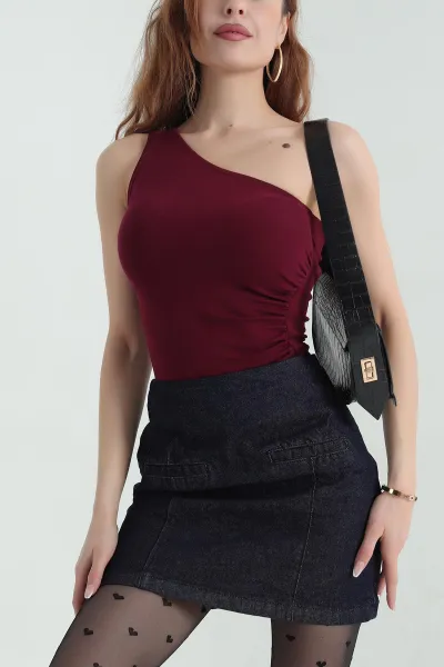 Bordo Yanı Büzgülü Viskon Bluz 355643