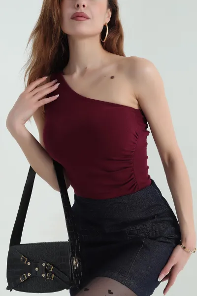 Bordo Yanı Büzgülü Viskon Bluz 355643