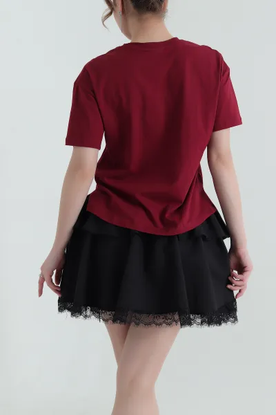 Bordo Yanı Yırtmaçlı Kadın Tişört 435432