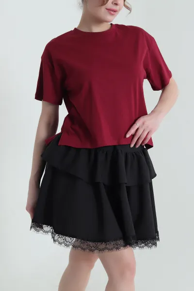 Bordo Yanı Yırtmaçlı Kadın Tişört 435432