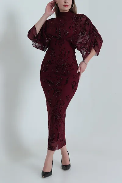 Bordo Yarasa Kol Flok Tül Kadın Elbise 489057