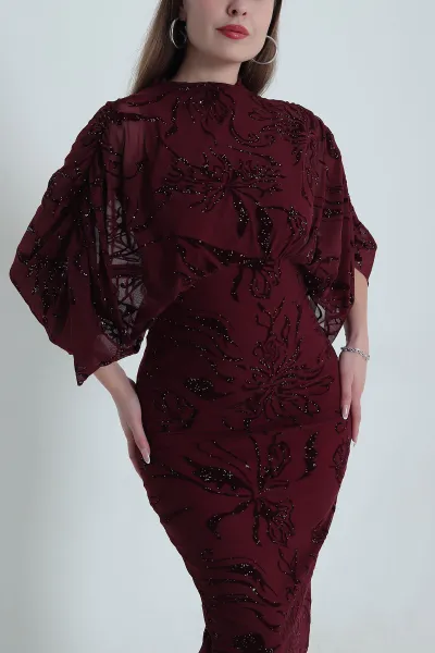 Bordo Yarasa Kol Flok Tül Kadın Elbise 489057