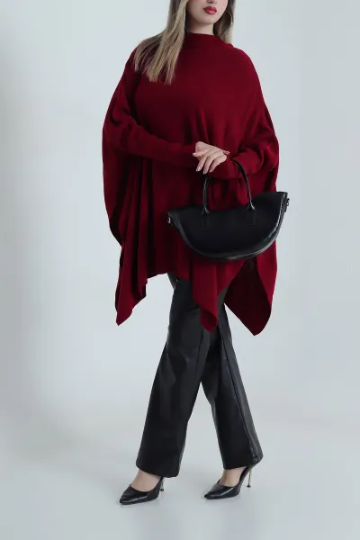 Bordo Yarım Balıkçı Yaka Kadın Triko Panço Kazak 488359