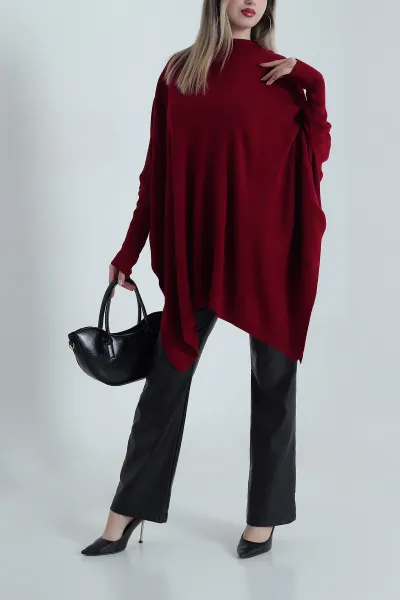 Bordo Yarım Balıkçı Yaka Kadın Triko Panço Kazak 488359