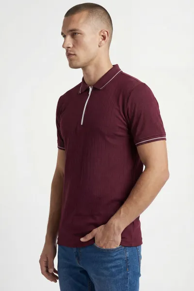 Bordo Yarım Fermuarlı Polo Yaka Erkek Tişört 438836